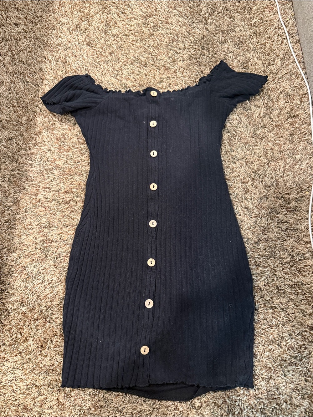 Black Ribbed Off-Shoulder Button-Front Women’s Dress